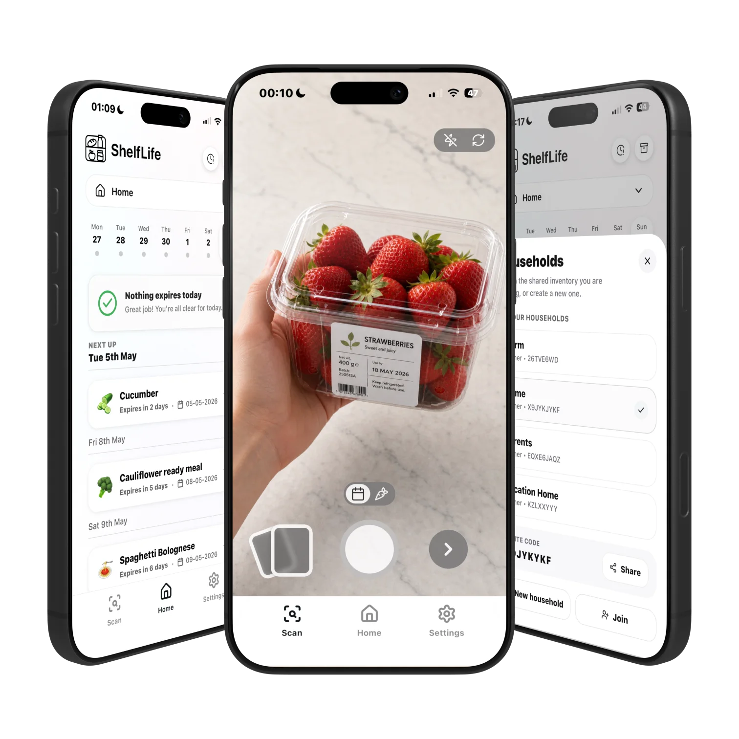ShelfLife app screens showing grocery expiry tracking